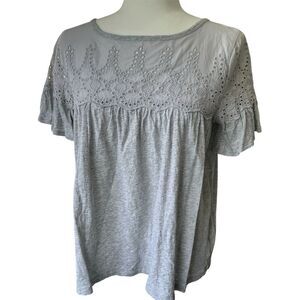 J. Crew‎ Top Gray Eyelet Embroidered Flutter Sleeve T Shirt Women Size S
